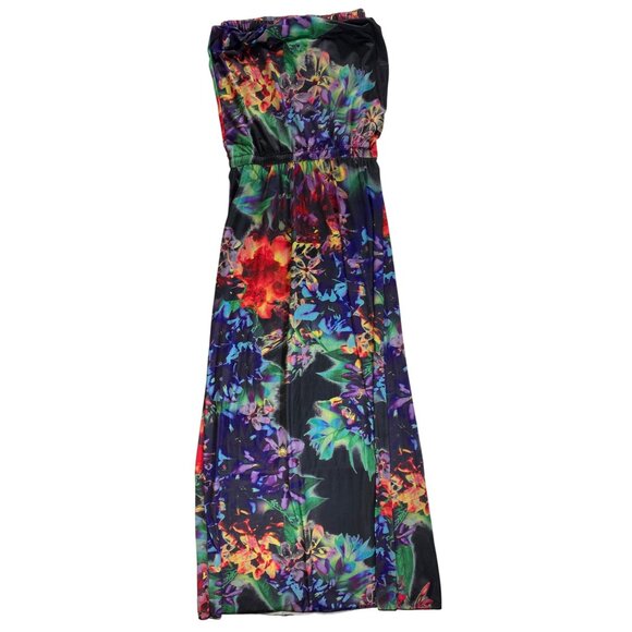 Strapless Floral Maxi Dress Sexy Boho y2K Tropical Small Stretch Beach Feminine - Picture 1 of 6